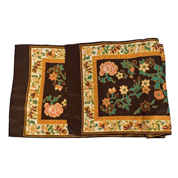 Vintage Lady Heritage Brown Gold Orange Teal Floral Polyester Scarf Made In Japa - Picture 2 of 5